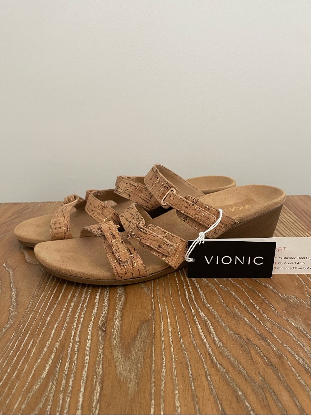 Vionic Orthaheel Tan Cork Adjustable Strap Wedge Heel Sandal